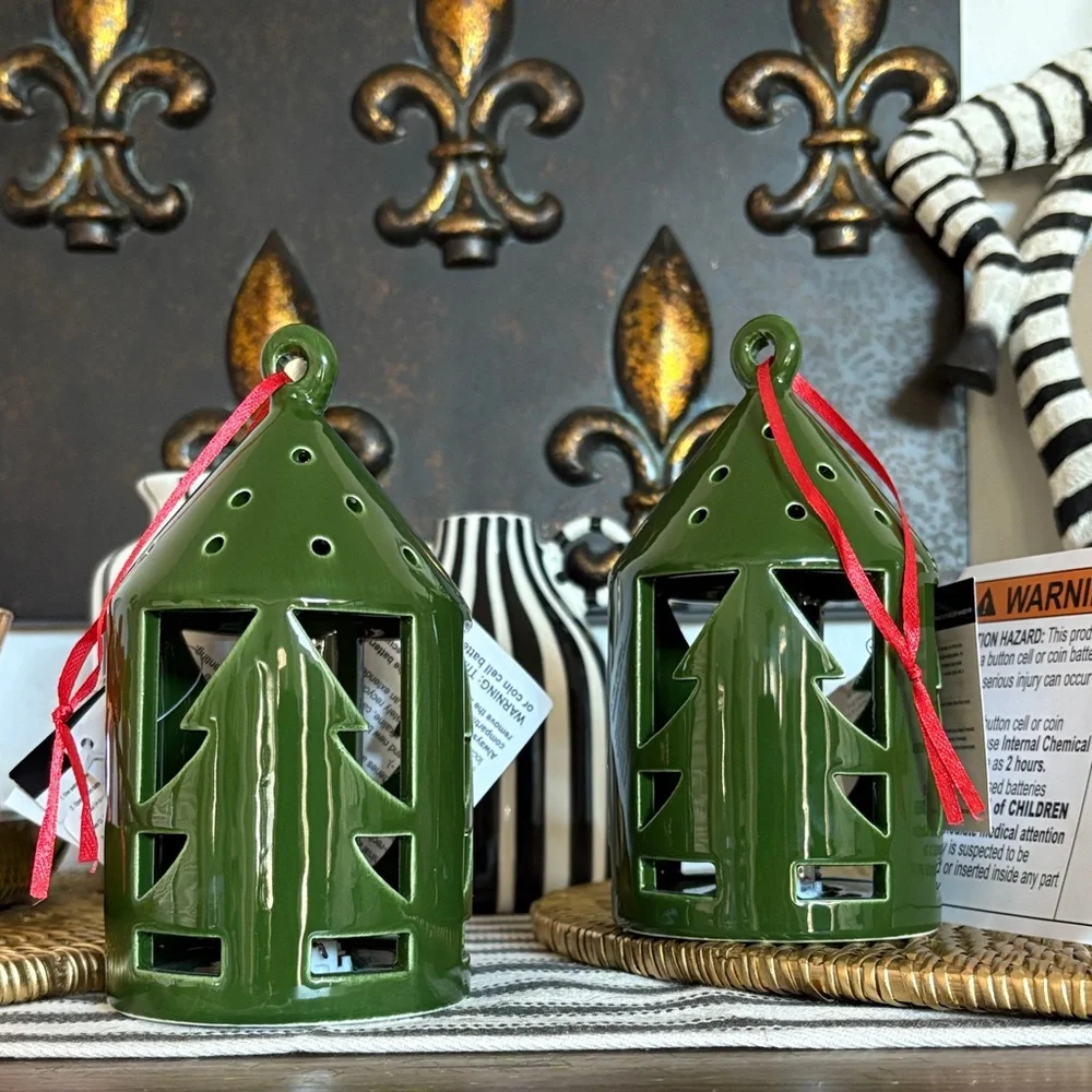 🆕2 Glazed Ceramic Pine Tree Cutout Lanterns